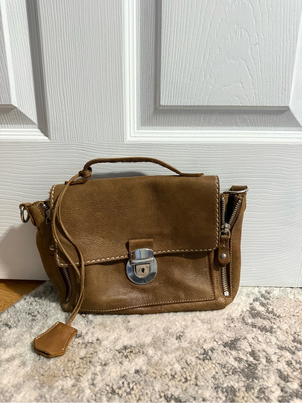 Roots Tan Leather Small Satchel with Silver Clasp